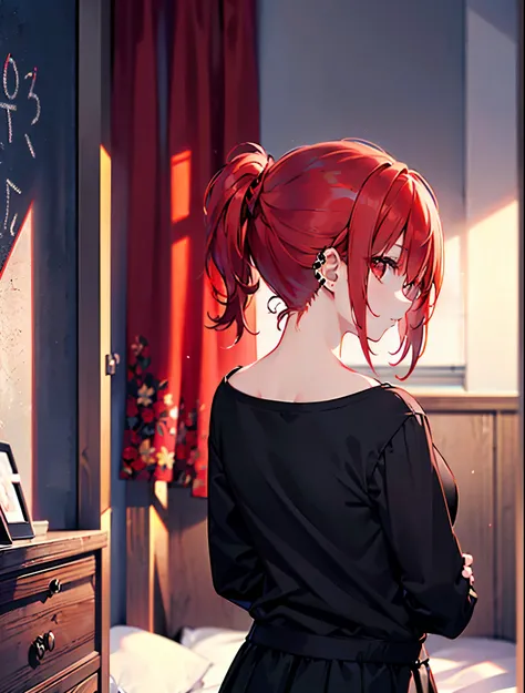 realistic,Highest quality, Super Detail, high quality CG rendering,  THE MOST DELICATE AND BEAUTIFUL , Hi-Res, ( female 1), (Highest quality,4K,8k,masterpiece:1.2), (Bright Red Hair:1.5),(ponytail:1.5),(red eyes:1.5),(black long sleeve t-shirt:1.3),(black ...