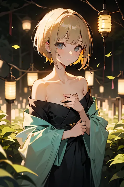 freena,1 girl,alone,  short hair, stupid hair ,Young leaf-colored eyes, lantern, lantern,bangs, off shoulder,  clavicle, chest, the viewers next to him, Show the side，  life energy  ， butterfly