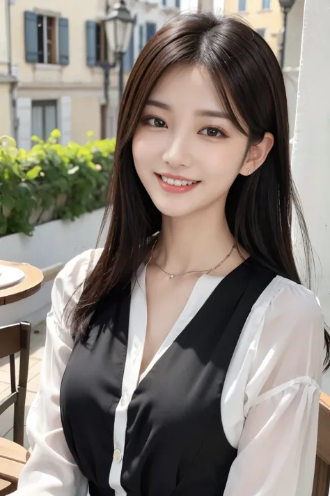 masterpiece、 best quality、Genuine、 Very detailed、Subtle details、 high definition 、8k wallpaper、 beautiful 韓国人woman、 smile showing teeth、 beautiful alignment of teeth、、blouse、、 on a nice cafe terrace、、 Jet Black Hair 、 Hairstyle Shortcut 、 perfect dynamic c...