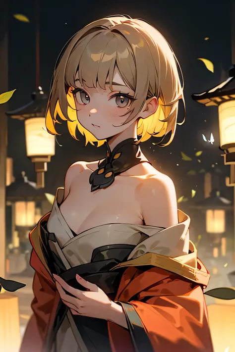 freena,1 girl,Alone, short hair,stupid hair,Young leaf-colored eyes, Lantern, Lantern,bangs, off shoulder,  clavicle, Chest, viewers next to him, showing sides， life energy ，butterfly