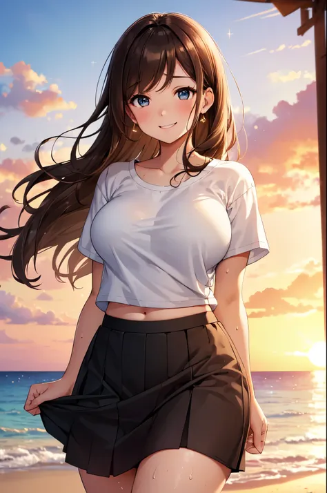 (High quality, High resolution, Fine details), (Sunset), Sandy beach, white t-shirt, (black skirt), standing, solo, curvy adult women, light brown hair, sparkling eyes, (Detailed eyes:1.2), smile, blush, (Sweat), Oily skin, bokeh, Soft tones, shallow depth...