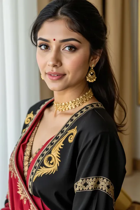 "A highly realities Indian women showing deep cleavage while bending down in very suggestive manner and wearing a sexy saree Her outfit blends modern and traditional styles, featuring a black, red, and white fusion design. She wears a gold-and-black blouse...