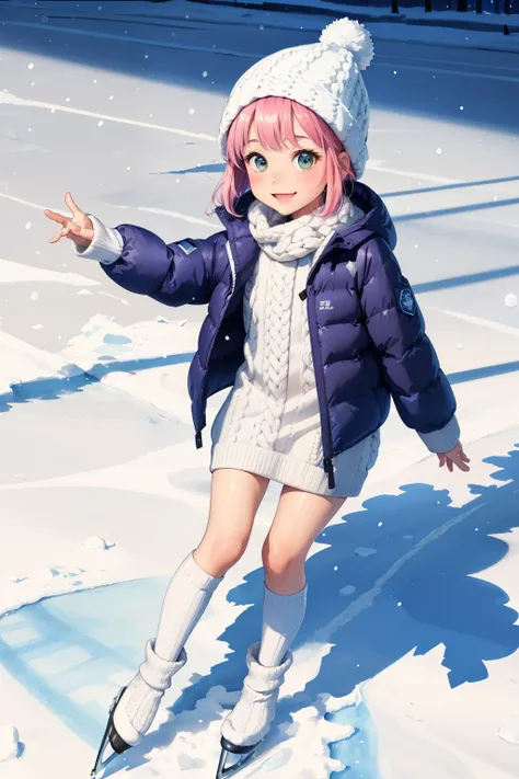 (   super flat   ,  flat shading ,   flat color),  1 young   girls on the left， short，   Toddler Picture Temptation    ，, change,  S,   curvy,    down jacket , (   White Knit Dress  ，below-knee socks  ),     without skirt , Glass, winter hat,   Ice Skating...