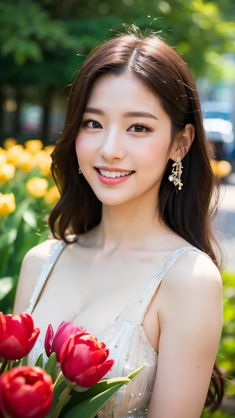 1 37s lady, Japanese beauty,  Party Dress、Holding a bouquet of 30 tulips in both hands、Face the camera and smile 、 plump cleavage 、hair ornaments close to the garden