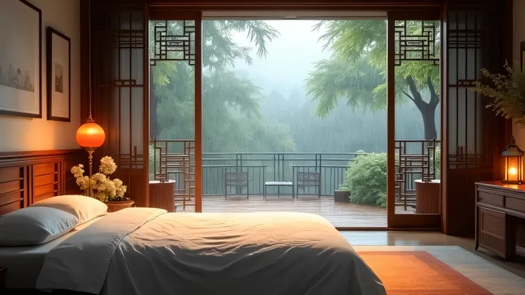 Chinese bedroom　 it's raining outside 　Veranda　unmanned