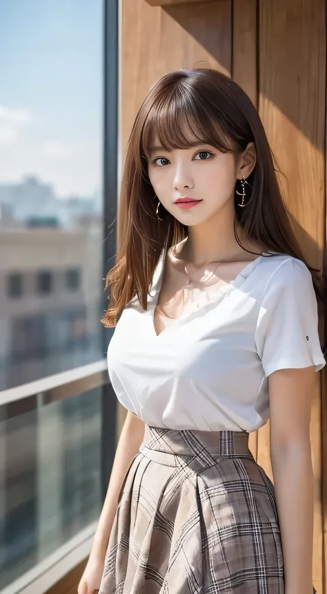 (Beautiful girl staring at viewers:1.3)、Top Quality,8K images、V-neck t-shirt with visible bangs over eyebrows 、(white blouse、 frill、plaid midi skirt、 high waist:1.2)