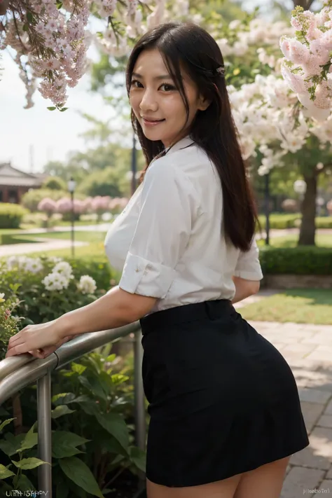 Asian mommy face, big booty, big 70 cm ass, Wearing an office secretary uniform and black tight skirt, asian skin, 