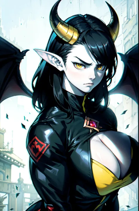 black hair yellow eyes pale skin pointy ears massive horns sad frown empty eyes huge muscles big breasts dark wings devils tail