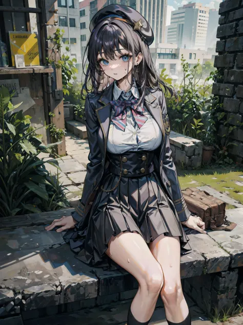 earring, narrow waist, black hair, large breasts, sweat, beret, skirt, school uniform, blazer, outdoor, cowboy shot, sitting,