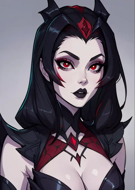 masterpiece, best quality, 1female, beautiful, face portrait, 1girl, face focus, deep makeup, goth, cell shading, elise, spidergirl, red eyes, straight hair, pale skin