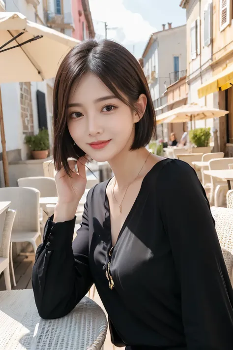 masterpiece、 top quality、 Genuine、 very detailed 、 Subtle Details、 high definition 、 8K wallpaper 、 beautiful woman、Wear a nice blouse、 on a nice cafe terrace 、、  black hair、 Hairstyle Shortcut 、 、smile、 perfect dynamic composition 、  in the ear、necklaces