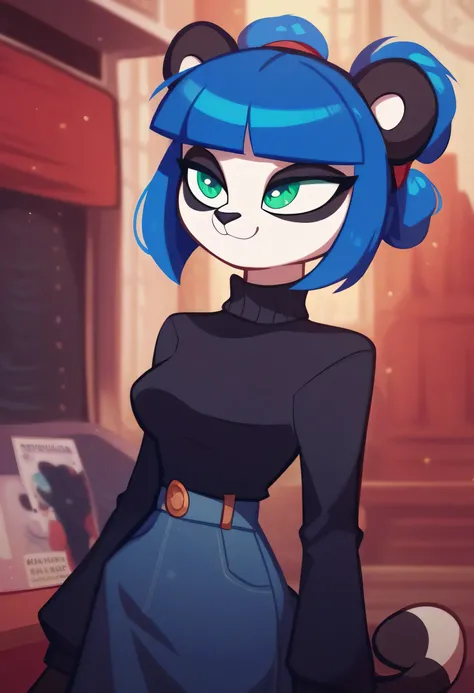 female panda , masterpiece, green eyes , the best quality,  Blue Hair, Panda ears, Panda tail ,  black sweater, turtleneck sweater, Alone, Looking at spectator.