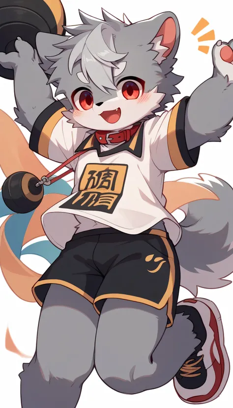   very well drawn having fun great details,gray hair and gray fur , Gray wolf ,  Shemono  ,Gray Hair,Age 15,Participation, red collar on the floor,   cute face ,  fluffy fur ,3 cute furry creatures dancing ！Horny boy , white background,  embarrassed face, ...