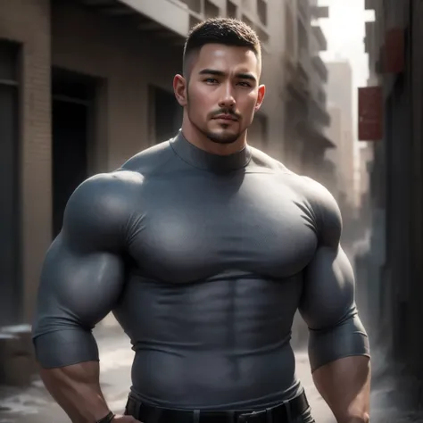 两个Muscular男人深情拥抱着, VERY STRONG ,Buzz Cut Right Angle Muscular Shoulder,Flat head,Ruins in an abandoned city in the open air, 他背靠着脏污的墙壁,Wear a high-neck, bright silver gray denim textured long sleeve tight t-shirt, Dirty body ,He has a sad expression, Lif...