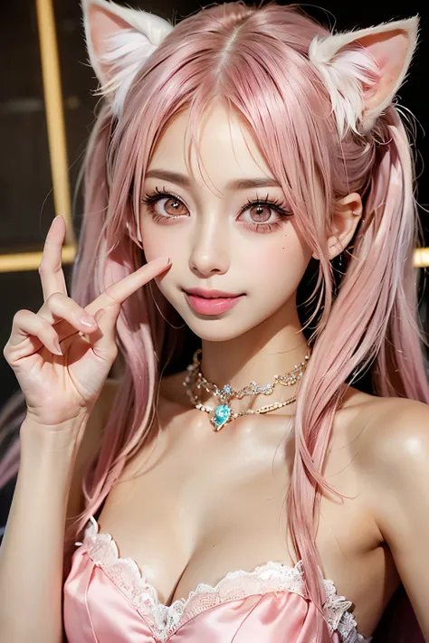 White cat ears((vertical twin-tail pink hair))Hanging eye((very not very big pink eyes))pink glossy lips 、 very lean body（fancy ruffle fantasy dress）beautiful smooth white silk skin（Princess Lolita）Beautiful, well-groomed face and accurate fingers（adult ol...