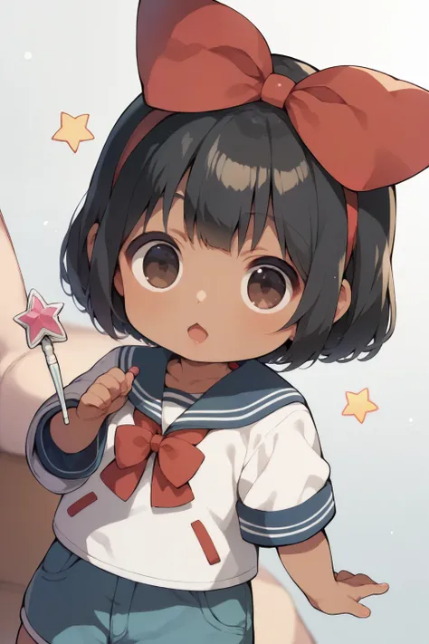    score_9,    score_8_ up・ザ・サイド ,    score_7_ up， score_6,    score_5_ up， score_4_ up，anime break，   very young girl ， cute,   chibi，Tiny,   Has a magic wand   ,   bob cut with skindent,   Head with red bow ,   dark eyes，