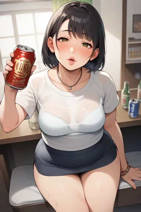   score_9,   score_8_  up,   score_7， anime， alone ,  short，  young woman， black hair short ， brown eyes,   blanking ， estimated  ，  lick your lips ， drunk :1.3， plump,   Normal milk  ,   black necklace  ，  red ribbon,   front view,  complex background, ro...