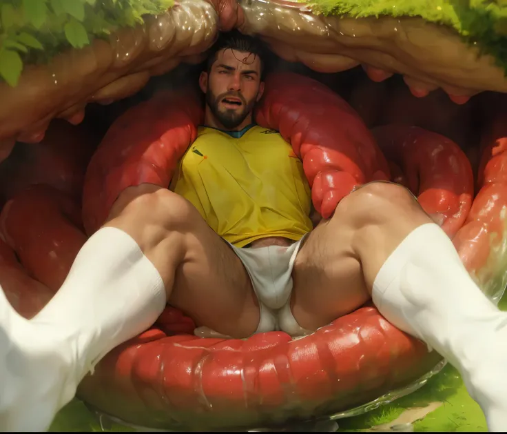 white male 40yo hairy handsome soccer player with erect penis being is swallowed by a giant carnivorous plant mouth, he is yelling in pleasure while becoming sexual food to his predator, interspecies, vore, wet, digestion, inside creature, beard, being swa...