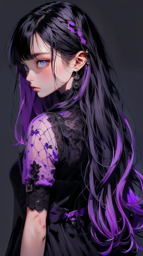   movie poster with a young woman as the protagonist、(Long hair with purple mesh on black hair :1.5)、(Clear light blue eyes 1  .3) glare、  her face has a stiff expression  ,  luxurious dress with beautiful black and purple lace、Layering、( black simple back...