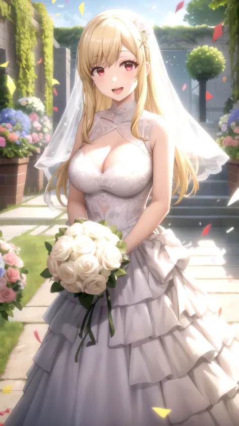 Masterpieces, Best Quality, girl, looking at viewer, yamada_yellow, blonde hair, solo, long hair, hair ornament, x hair ornament, red eyes, large breasts, wedding Dress, standing, garden, confetti, holding bouquet, smile, open mouth 