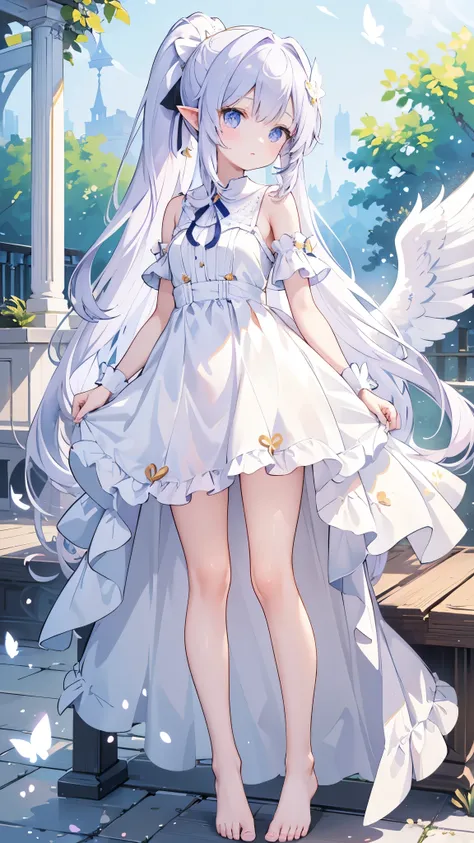 (masterpiece, best quality, ultra-detailed), angel girl, characteristic, steady & calm, hair color, lavender, hairstyle, straight bangs, high ponytail, hair length, mid-back-length long straight hair, eyes color, periwinkle, eyes type, teardrop-shaped eyes...