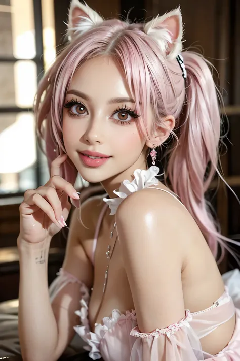 pink hair, pink eyes, and white ears((pink twin tail hair))Hanging eye((pink very very big eyes))pink glossy lips （fancy ruffle fantasy dress）beautiful smooth white silk skin（Princess Lolita）Beautiful, well-groomed face and accurate fingers（adult older wom...