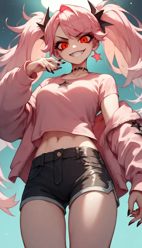 pink hair evil smile girl with light blue tufted pigtails with red eyes and a pink shirt with a black star and black shorts