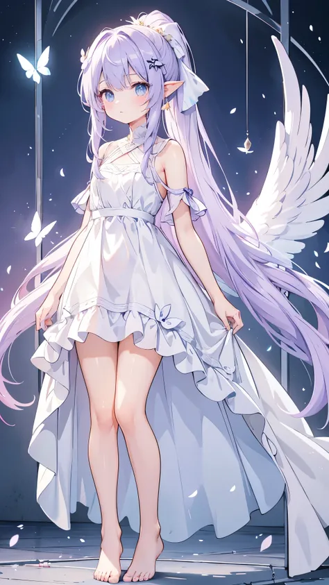(masterpiece, best quality, ultra-detailed), angel girl, characteristic, steady & calm, hair color, lavender, hairstyle, straight bangs, high ponytail, hair length, mid-back-length long straight hair, eyes color, periwinkle, eyes type, teardrop-shaped eyes...