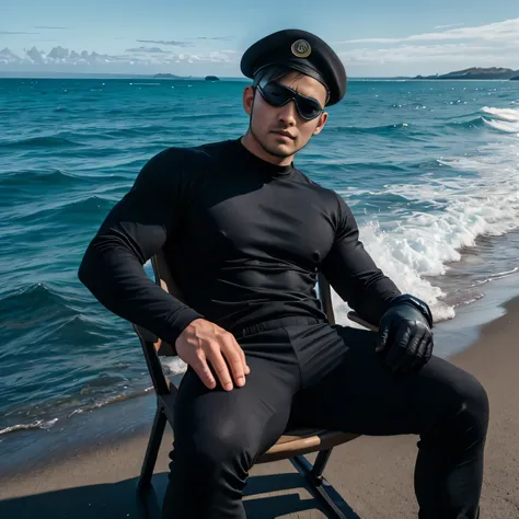 Age 35、 handsome man , 1 person,black long sleeve t-shirt。 short hair short hair 、face standing in the ocean 　 Filming equipment 　looking at the camera　  black beret、Black eyepatch、 View from below 、 Black gloves、Combatant　 View from below図。　Sit on a chair