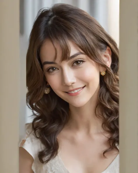 1 girl, Alone, nothing , chest, smile, has received numerous awards, nothing , Highest quality, hair, Short hair from elbow to wrist, chest, full body、Hi-Res, looks at one woman, 茶hair, 長いhair, big breasts, earrings, smiles, beautiful