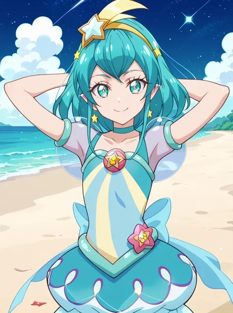 curemilky, anime screencap, shiny skin, high quality, solo, night sky, beach, hands behind head, (contrapposto), closed mouth, cowboy shot, looking at viewer, smile, best quality
