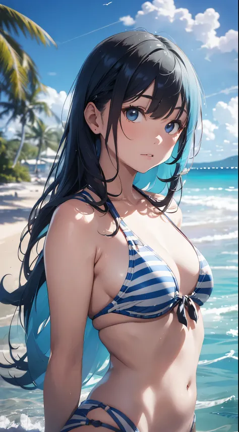 A young and beautiful Japanese woman wearing a light blue and white striped bikini stands on a pristine sandy beach of a deserted island. The backdrop features crystal-clear blue waters and lush green islands in the distance, but the background is artistic...