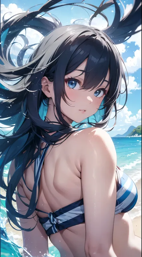 A young and beautiful Japanese woman wearing a light blue and white striped bikini stands on a pristine sandy beach of a deserted island. The backdrop features crystal-clear blue waters and lush green islands in the distance, but the background is artistic...