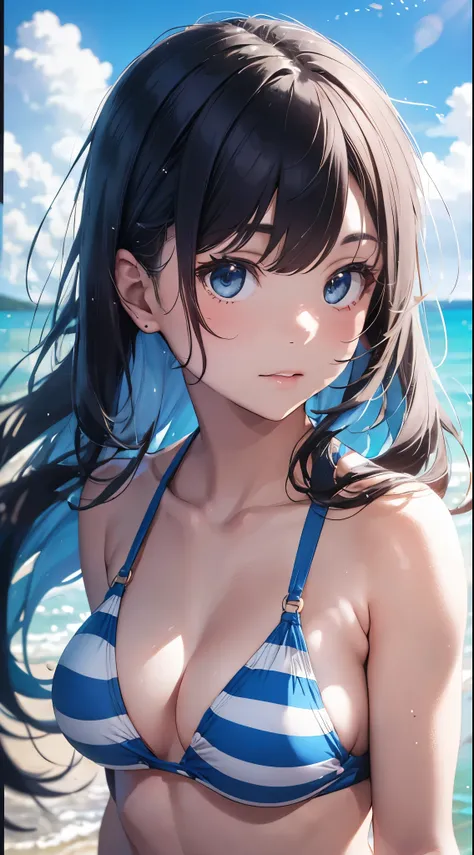 A young and beautiful Japanese woman wearing a light blue and white striped bikini stands on a pristine sandy beach of a deserted island. The backdrop features crystal-clear blue waters and lush green islands in the distance, but the background is artistic...