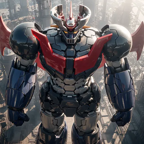 Modified Mazinger Z , stands 100 meters high ahead . steel , Carbon Fiber , Other industrial elements are also visible , Just like the real thing , I'm standing ahead at the height of a high-rise tower where high voltage current flows and emit...