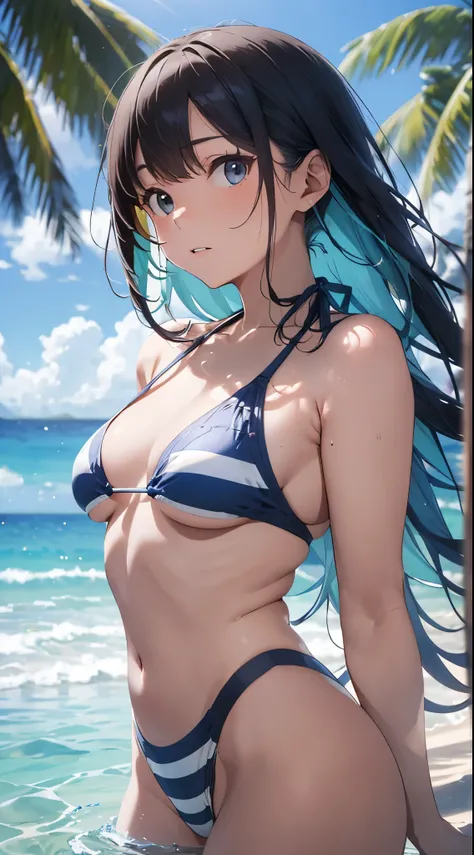 A young and beautiful Japanese woman wearing a light blue and white striped bikini stands on a pristine sandy beach of a deserted island. The backdrop features crystal-clear blue waters and lush green islands in the distance, but the background is artistic...