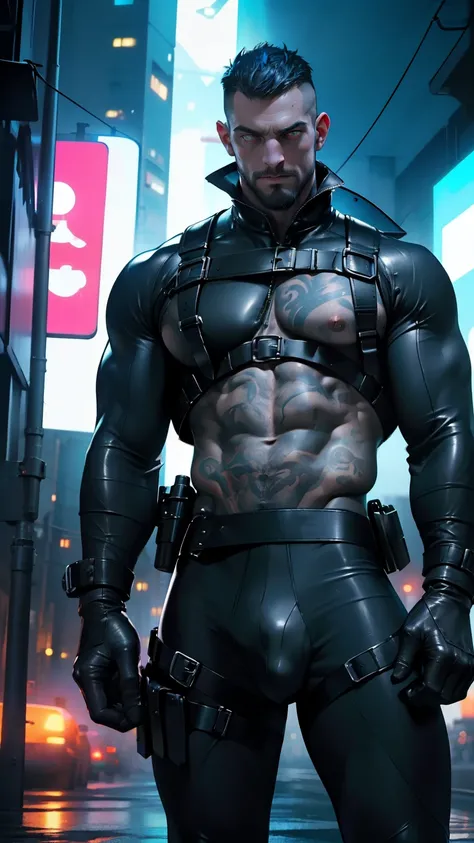 ((  ,  dark futuristic urban environment  )).  in dim light ,    nighttime   , pitch black   ,    lowered head and gloomy   , wicked, villain, demonic, Satanic , ((   brutal executioner  )), ((bdsm-master )).   30 year old man  , ((210 cm height   )),  blu...