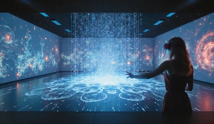 An interactive digital artwork where holographic pixels float mid-air, allowing people to sculpt them with hand gestures, forming dynamic 3D paintings in an immersive virtual reality environment