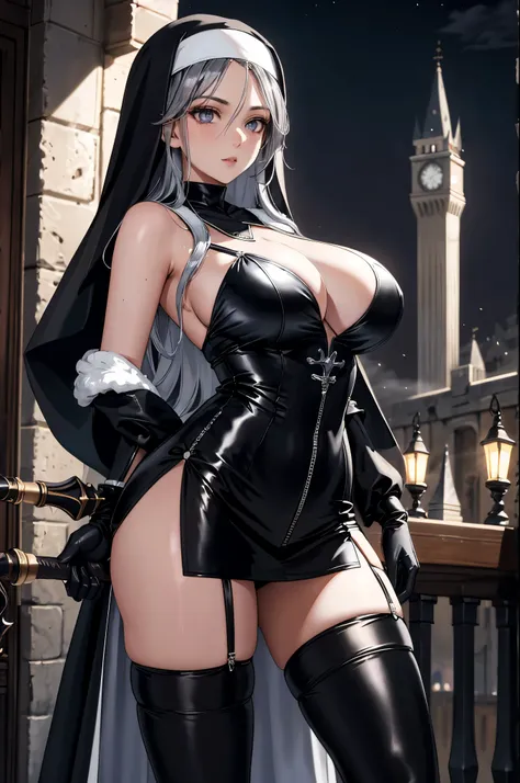  A high resolution ,  masterpiece pixiv , ((intricate details)), metal room, 1 girl,  of foot, Holds a wizard's staff,  seen from the front ,  tender look, detailed face, detailed eyes, silver eyes, sensual lips, black nun costume, ((black straps)). (black...