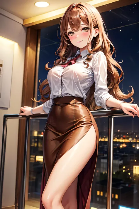 A graceful young lady,(((long wavy chestnut-colour hair))) and a calm, traditional aura,(brown eyes),(tits),(SMILE),gently swaying in the evening breeze. She wears a stylish blend of modern and traditional fashion skirt paired with a refined blouse,(brown ...