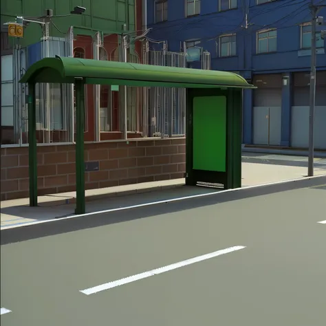 there is a bus stop with a green cover on the street, dark city bus stop, bus stop, rendered in maya 4 d, cyberpunk bus stop, rendered in maya, 3d model, 3 d model, raytraced 3d set design, rendered in 3 dsmax, photorealistic streetscape, raytraced render,...