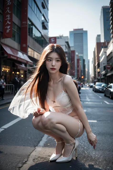 (Cinematic Aesthetics:1.4) beautiful、 Korean、Fashion Model Photography  、big bust、hair fluttering in the wind、City、white lingerie、Small Lingerie、lace lingerie、is thin、smooth skin、 bright expression 、wearing high heels、