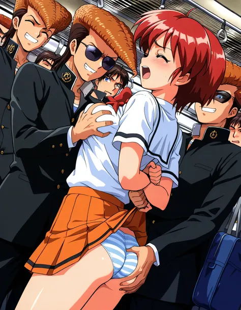 general,highres, ultra-detailed,very aesthetic,best quality ,best hands,  BREAK Hinomoto_Hikari, red hair, short hair,(blue eyes),medium breasts, bangs,1girl,2man,dutch angle,from side,bust up shot,
1990s (style), skirt,white shirt,short sleeve,school bag,...