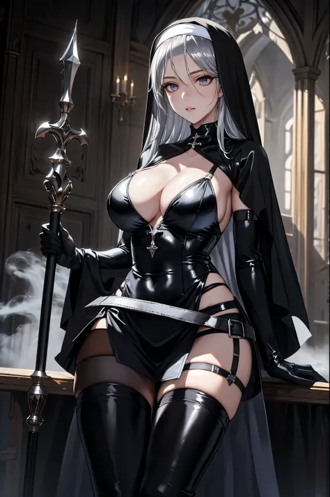  A high resolution ,  masterpiece pixiv , ((intricate details)), metal room, 1 girl,  of foot, Holds a wizard's staff,  seen from the front ,  tender look, detailed face, detailed eyes, silver eyes, sensual lips, black nun costume, ((black straps)). (black...