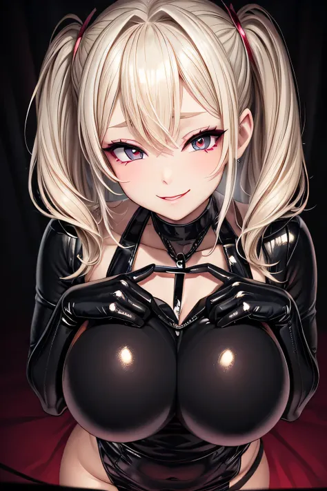 evil smile, under , bratty girl, shiny latex, satanic, gloves, looking at viewer, blonde hair, inverted cross necklace, highlighted eyes with eyeliner, false eyelashes, soft shadows, light makeup, blushed