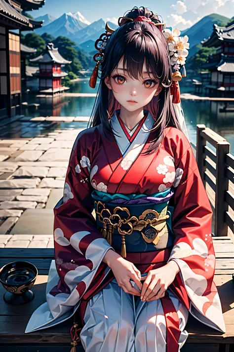 (masterpiece, highest quality: 1.2), 1 girl, 12 people, 1 person, long straight black hair, enjoying a fan, western ridge, wall, lattice, clothesline, corridor, Japanese garden, ((Heian period beauty with red eyes)), ((red eyes)), ((sparkling, narrow eyes)...