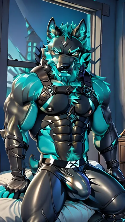 , cerberus-fortnite, anthro best quality,  Masterpiece , bright turquoise eyes inside, Bedroom, window,  moonlight, plants, nipple, ((very big realistic bulge)), ((leather gloves)), ((harness)).  black body , glowing turquoise solo chest, focus on just one...