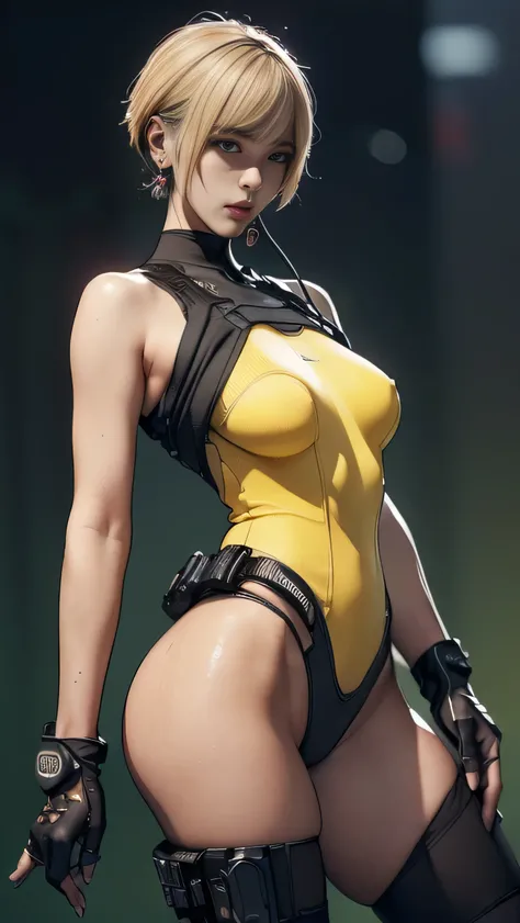 (A woman),(((A female member of the Future Force rides a motorcycle))),((Yellow tactical high leg bodysuit:1.5)),(( Earphones:1.5)),((Tactical Holster:1.5)),(Gloves:1.5),(serious:1.5),(Super short hair:1.5),(Blonde:1.5),(beautiful eyes:1.3),(Very detailedな...