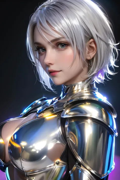 perfect anatomy　Highest quality,highest resolution,(((metallic shiny armor　shiny silver hair　short hair)))　knight　expressionless　flat chest　woman　cool