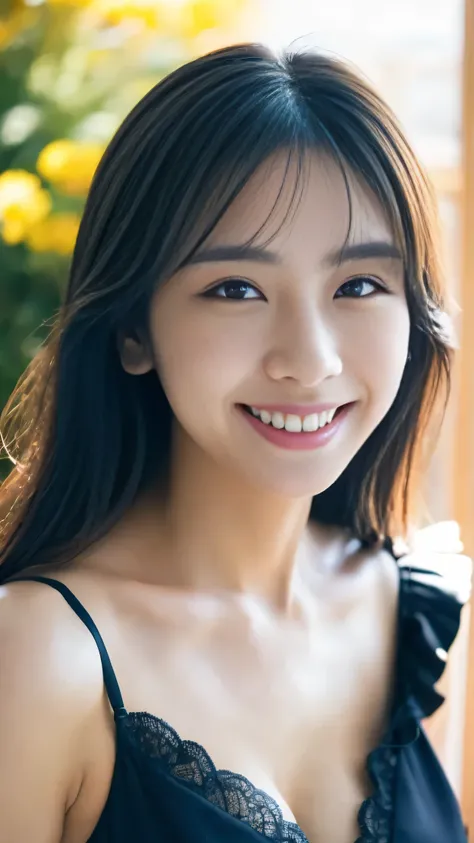 (((very well detailed CG Unity 8k 壁紙, Highest quality, very well detailed, masterpiece, realistic,  photos))), (((Body with correct skeleton ))) Japanese women、 Japanese、Age 25、In underwear、( sexy ruffle bra 、 sexy black lace panties with ruffles)、(goes on...